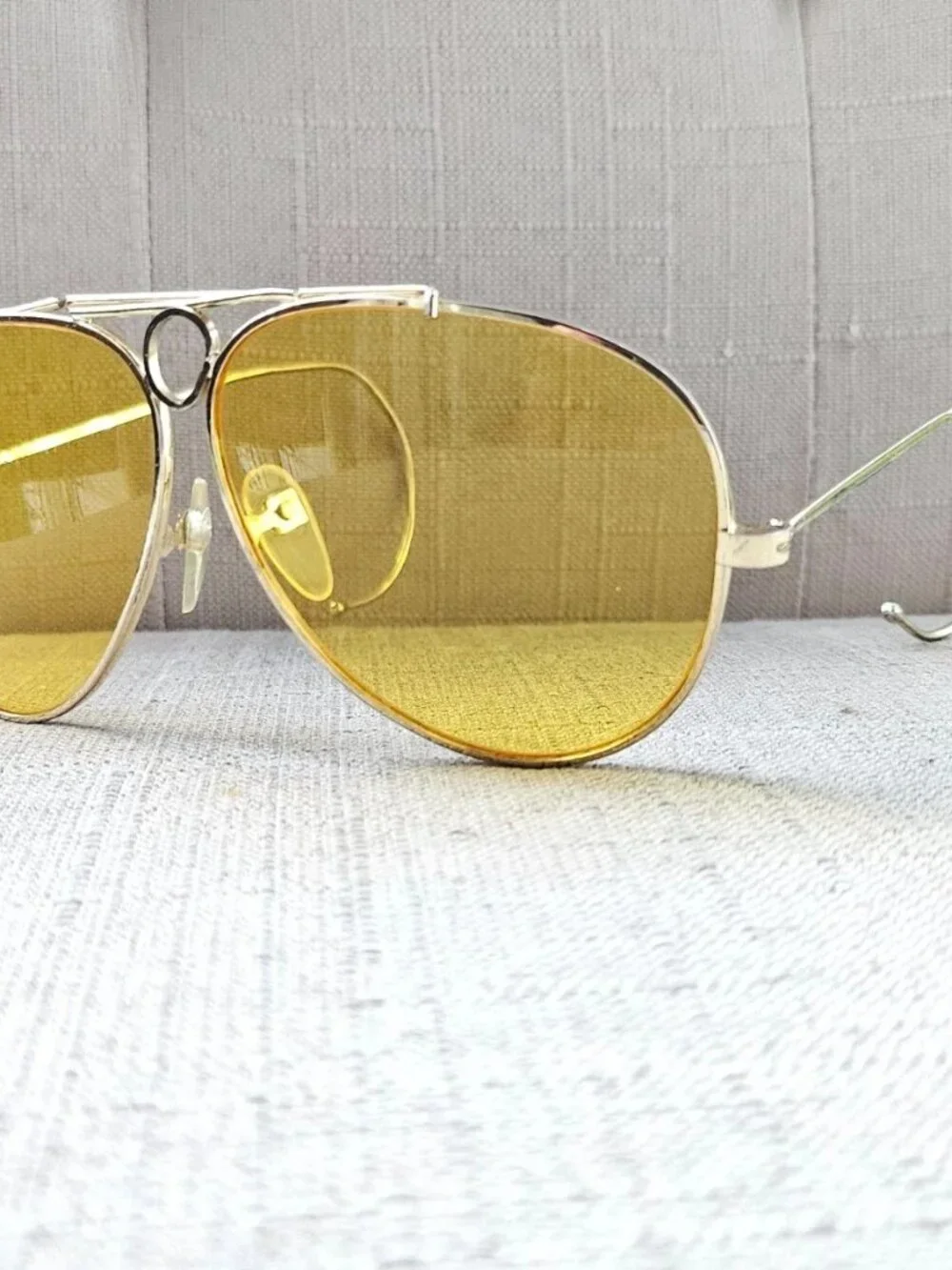 Vintage Men Sunglasses Yellow Tone Lenses Gold Tone Metal Frame Eyewear F.S